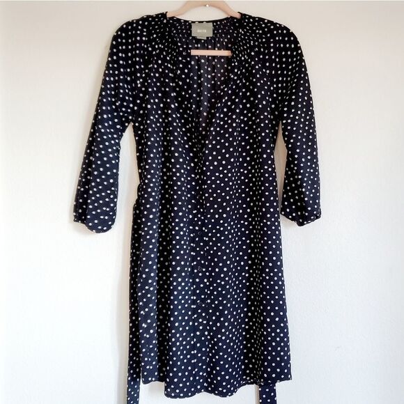 Anthropologie MaEve Preparation Polka-dot Button Down Belt Tie Dress Navy Small - Picture 3 of 9